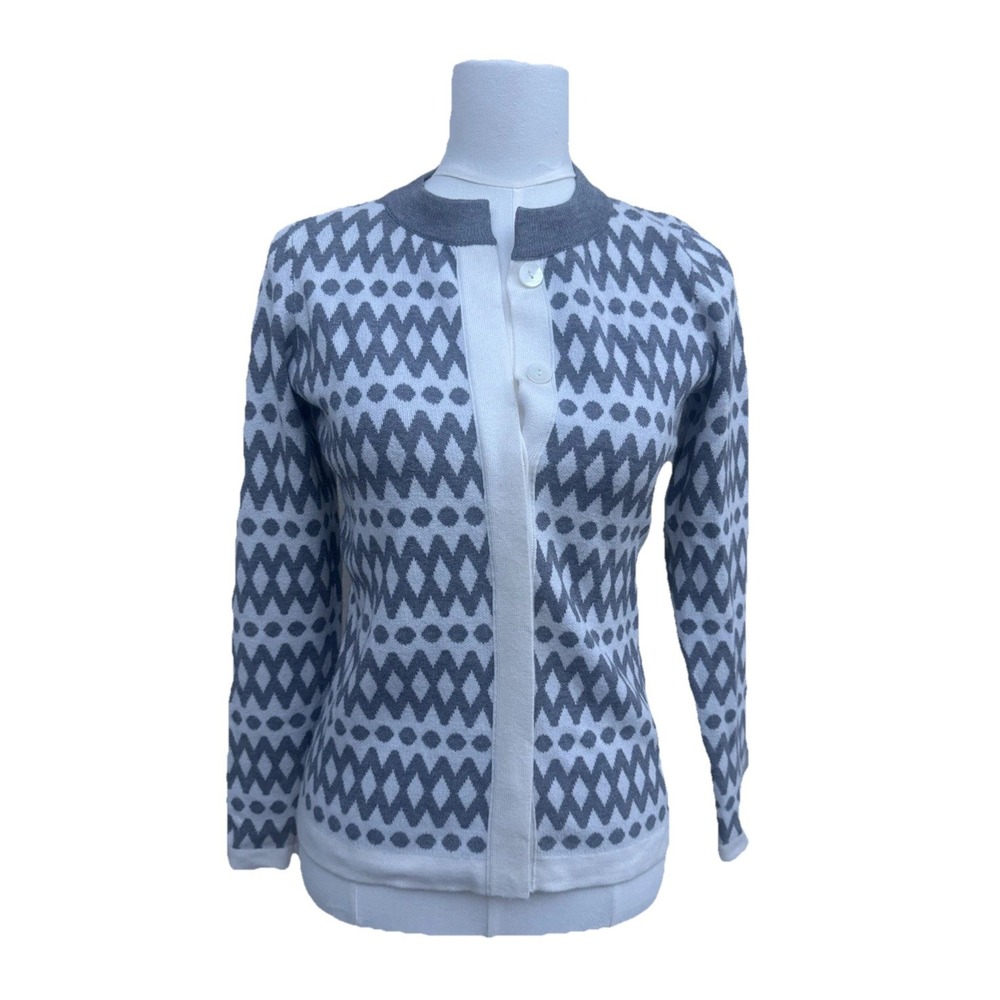 Rondina New York Geometric Cardigan Sweater Womens XS Gray White Button Front